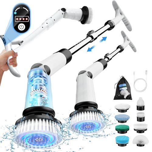 Electric Spin Scrubber, Battery Cordless Cleaning Brush,Shower Cleaning Brush with 8 Replaceable Brush Heads and 3 Adjustable Speeds, LED Screen and Adjustable & Detachable Long Handle (White4) | Amazon (US)