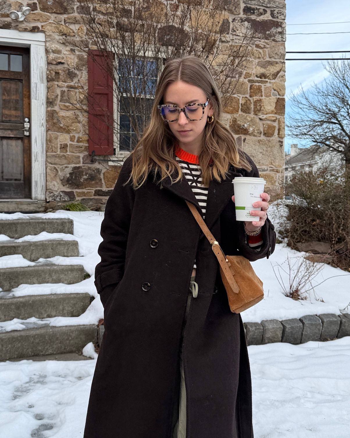 2/5/26 Casual winter outfit of the day 🤎 wearing my UGG boots, a brown striped top from Aerie, and my Abercrombie wool winter coat that I’ve been reaching for nonstop lately. Finished the look with my Jcrew suede brown bag and my Amazon blue light glasses. My barrel pants are from Scotch & Soda (found at TJ Maxx) and unfortunately not linkable, but sharing the details in case you spot a similar pair.

#LTKSeasonal #LTKgrwm #LTKootd