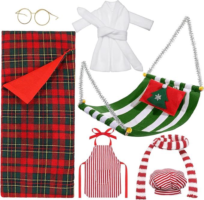 8 Pcs Christmas Elf Doll Accessories Set with Christmas Plaid Sleeping Bag, White Bathrobe, Apron... | Amazon (US)