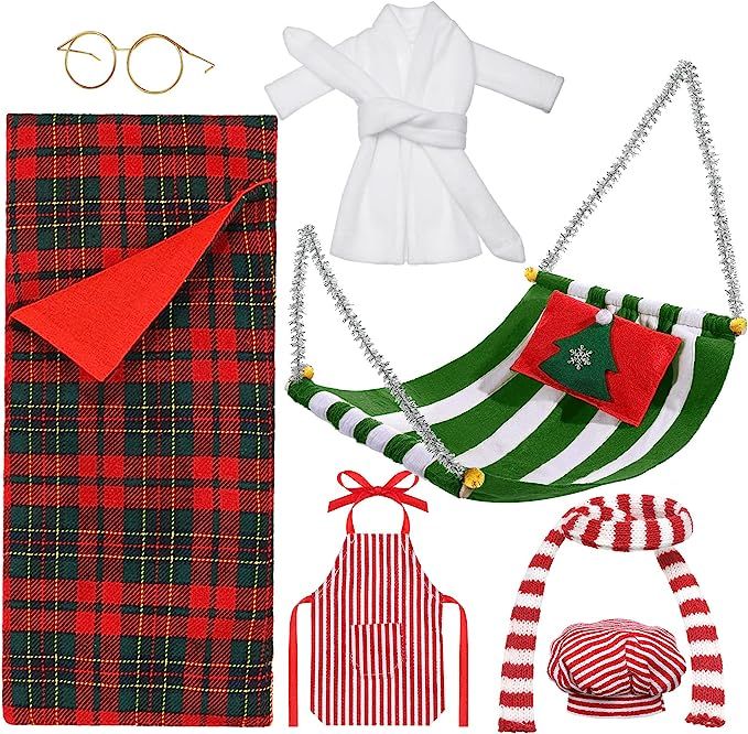 8 Pcs Christmas Elf Doll Accessories Set with Christmas Plaid Sleeping Bag, White Bathrobe, Apron... | Amazon (US)
