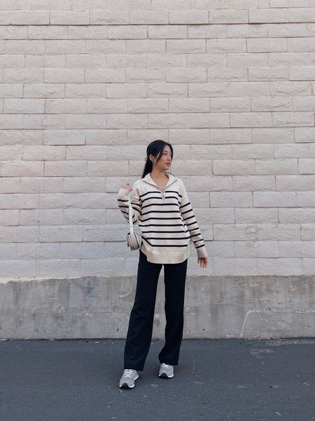 Striped half zip sweater tunic black trousers pants white purse casual look office chic sneakers new balance fall fashion korean outfit

#LTKSeasonal #LTKstyletip #LTKsalealert