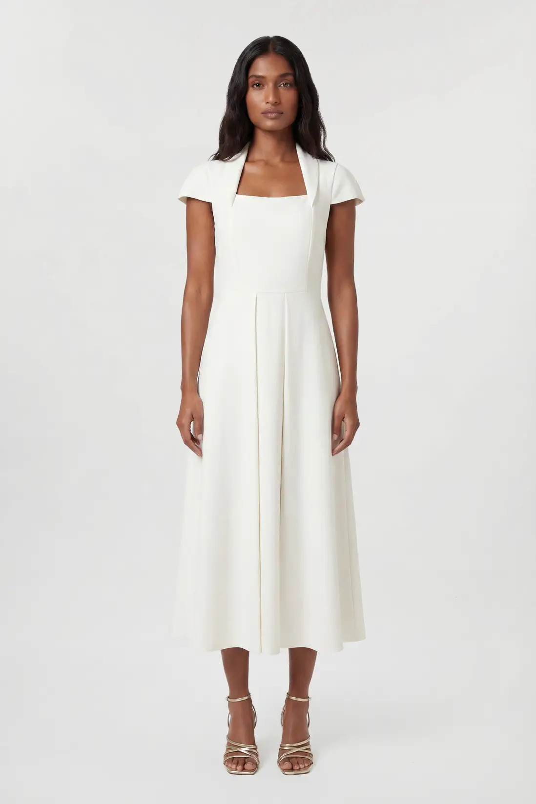 Compact Stretch Tailored Square Neck Full Skirted Midi Dress | Karen Millen