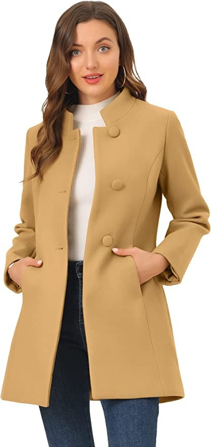 Allegra K Women's Elegant Winter Overcoat Mid-thigh Stand Collar Single Breasted Long Coat | Amazon (US)