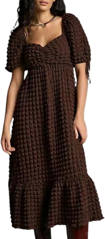 Yiqpiy Women's Puff Sleeve Midi Dress Bubble Textured Smocked Sweetheart Neck Ruffled Flowy Dress | Amazon (US)