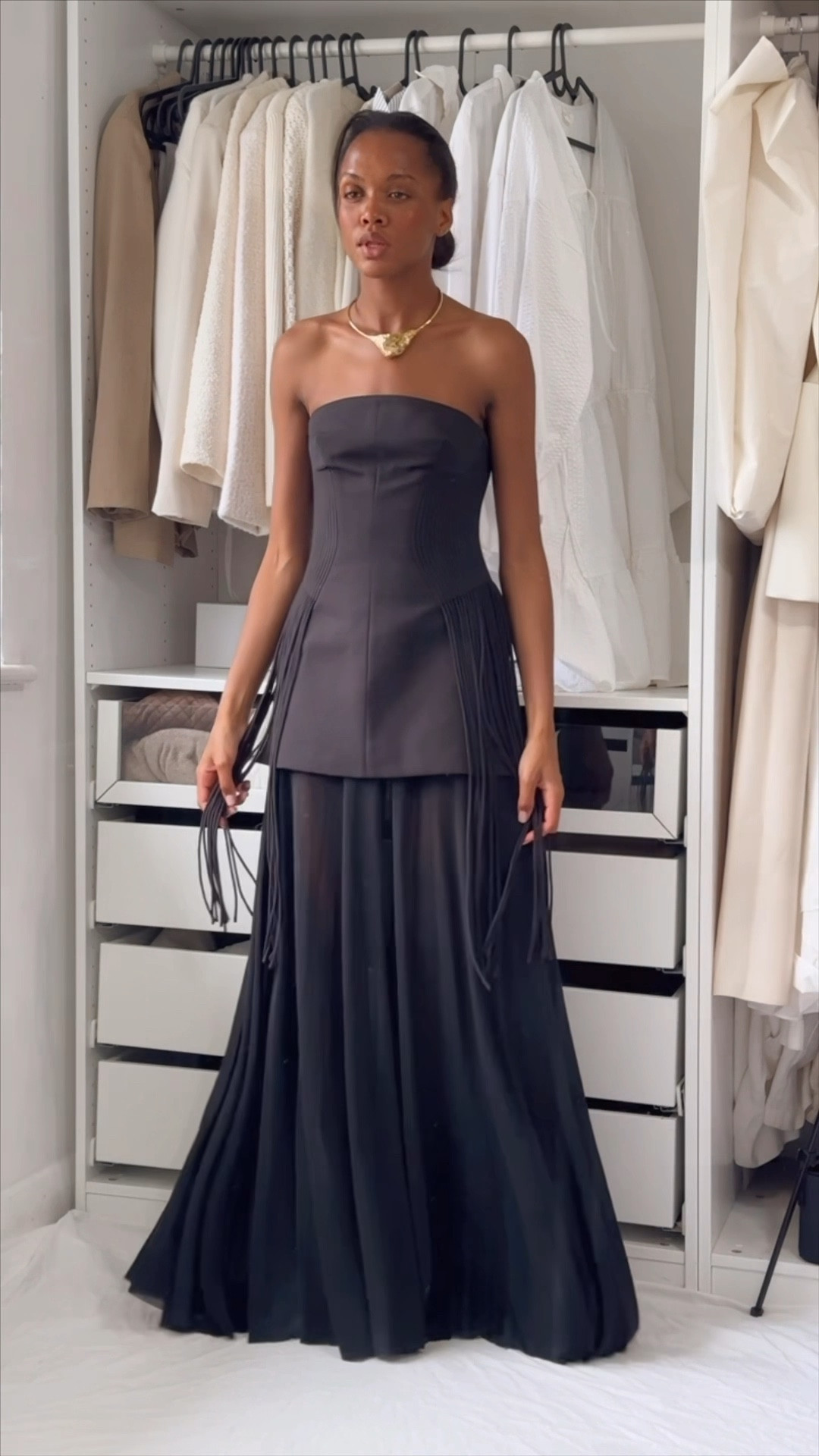 All black outfit, Camilla and Marc, black bodice, maxi skirt, gold Polene necklace, Steve Madden heels, evening outfit 

#LTKsummer #LTKuk #LTKstyletip