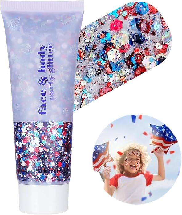 Go Ho Red White and Blue Body Glitter,Patriotic Pride Face Glitter Gel,4th of July Outfits for Wo... | Amazon (US)