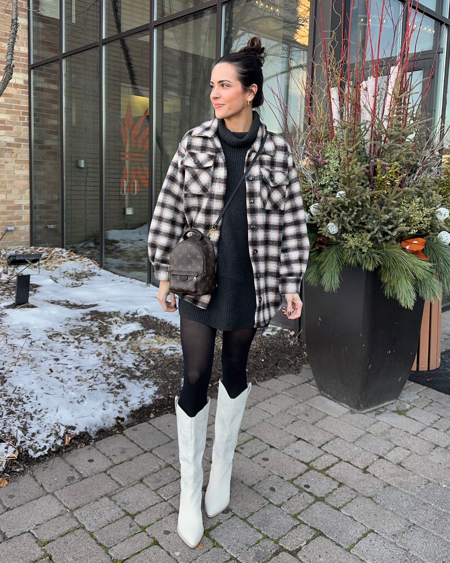 Electric Picks code TAYLOR30 

Plaid Shacket: true to size but I sized up to a M for an extra roomy fit 
Sweater dress: true to size (S) 
Tights: true to size 
White western boots: true to size 

#LTKshoecrush #LTKSeasonal #LTKHoliday