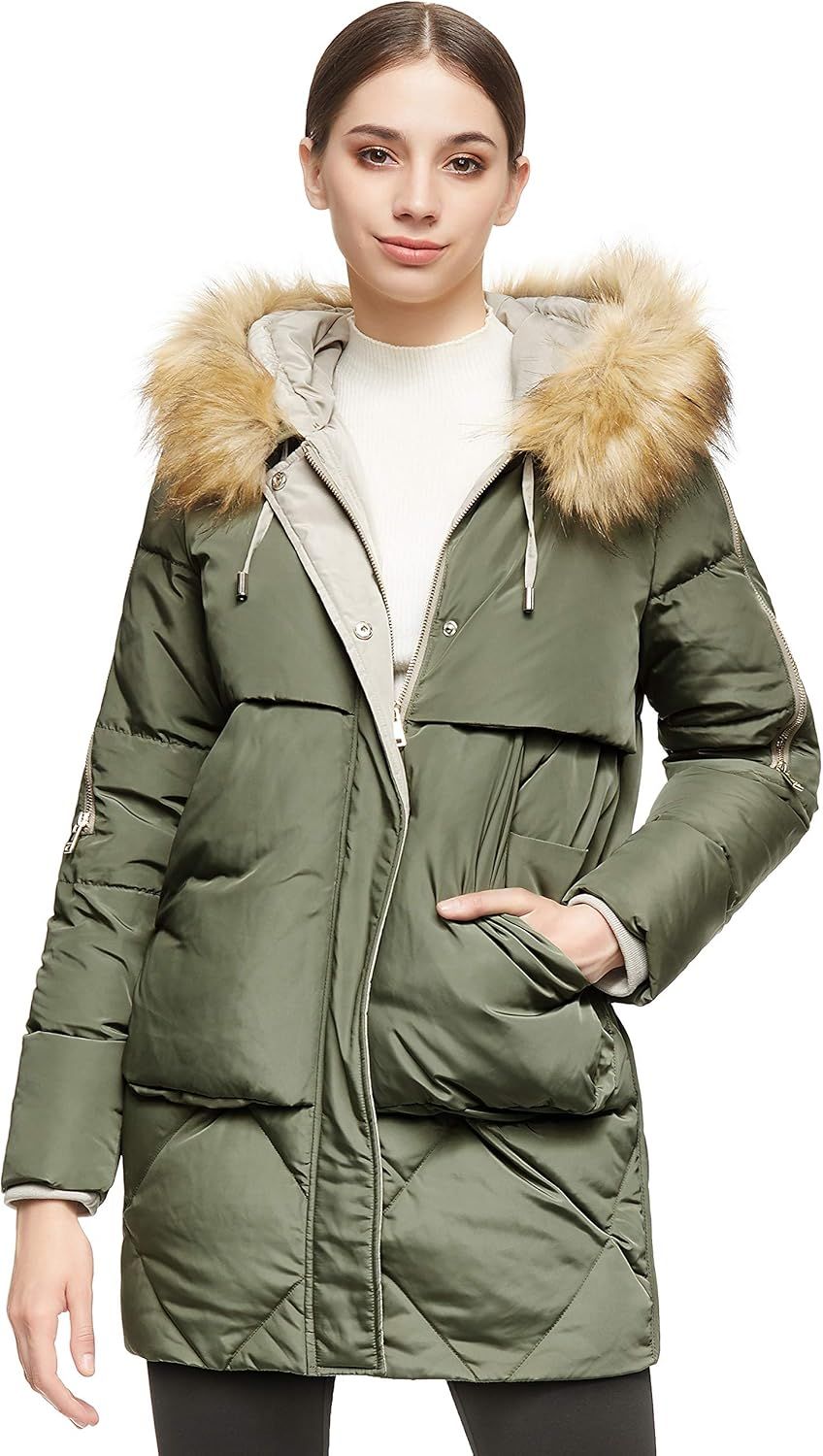 Orolay Women's Thickened Mid-Length Down Jacket with Removable Fur Hood Large Pockets | Amazon (US)