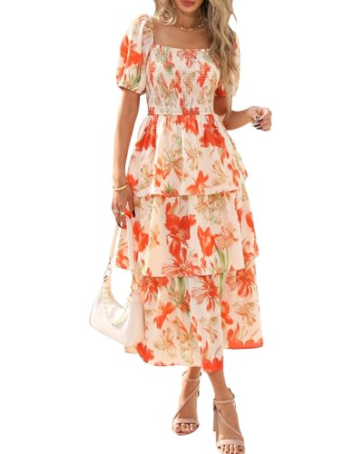 BTFBM Womens Square Neck Smocked Dress Summer Puff Short Sleeve Floral Casual Ruffle Tiered Maxi Wedding Guest Dresses(Floral Apricot Orange, Medium) | Amazon (US)