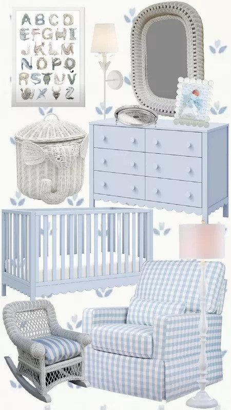 Always the sweetest finds from @wayfair for a nursery! #wayfairpartner #wayfair Fell in love with these precious scalloped nursery pieces and the price is amazing! I love the blue and white for both baby girls and boys! #grandmillennialhome #grandmillennial #homesdecor #nursery #scallopeddresser #scallopedcrib #wickermirror #wicker #rattan #abcartprint #babyboys #babygirls #sconces #mirrors #bluegingham #rockingchair #momtobe #bump #kids #babies

#LTKHome#LTKBump#LTKBaby 

 