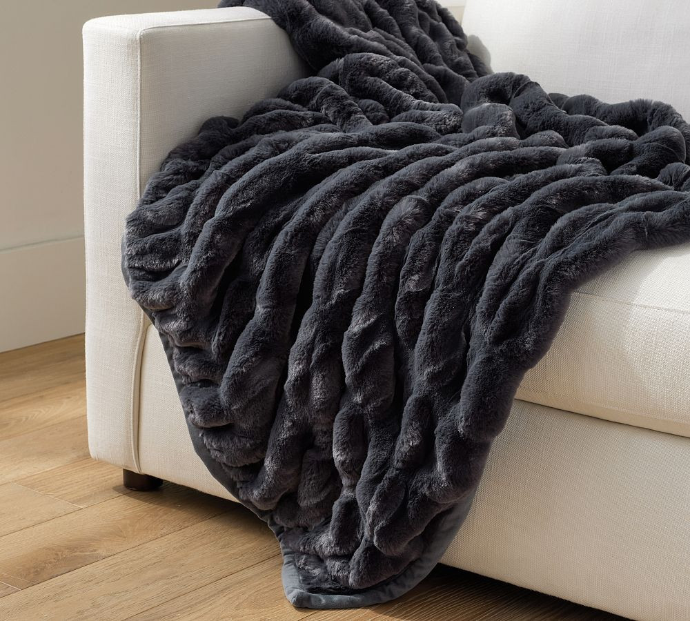 Faux Fur Ruched Throw, Steel Blue, 60"" x 80 | Pottery Barn (US)