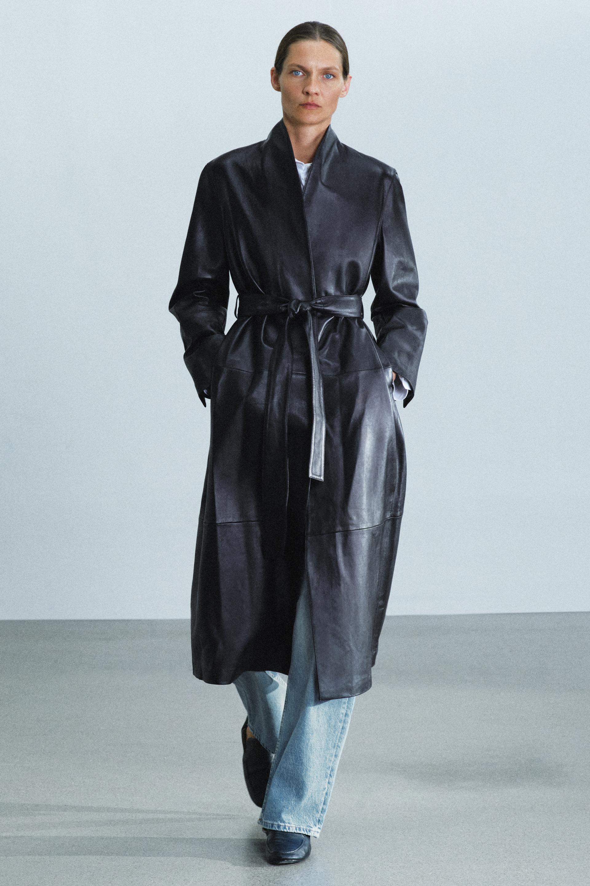 ZW COLLECTION 100% LEATHER LONG COAT WITH BELT | Zara UK