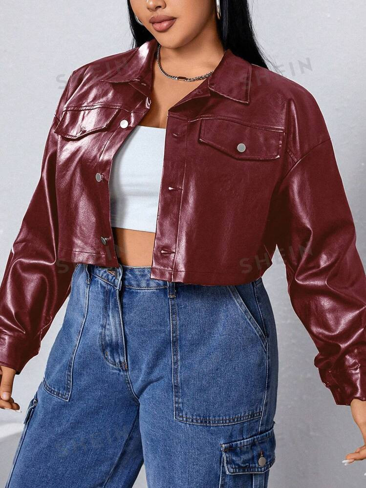 SHEIN EZwear Plus Size Women's Solid Color Minimalist Everyday Long Sleeve Leather Jacket | SHEIN