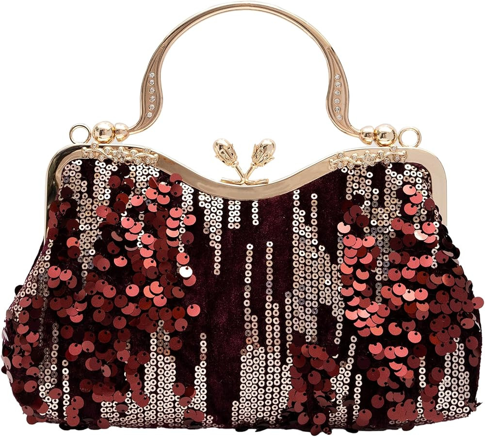 Vintage sequined velvet evening bag flower hardware handbag suitable for banquet wedding party fo... | Amazon (US)