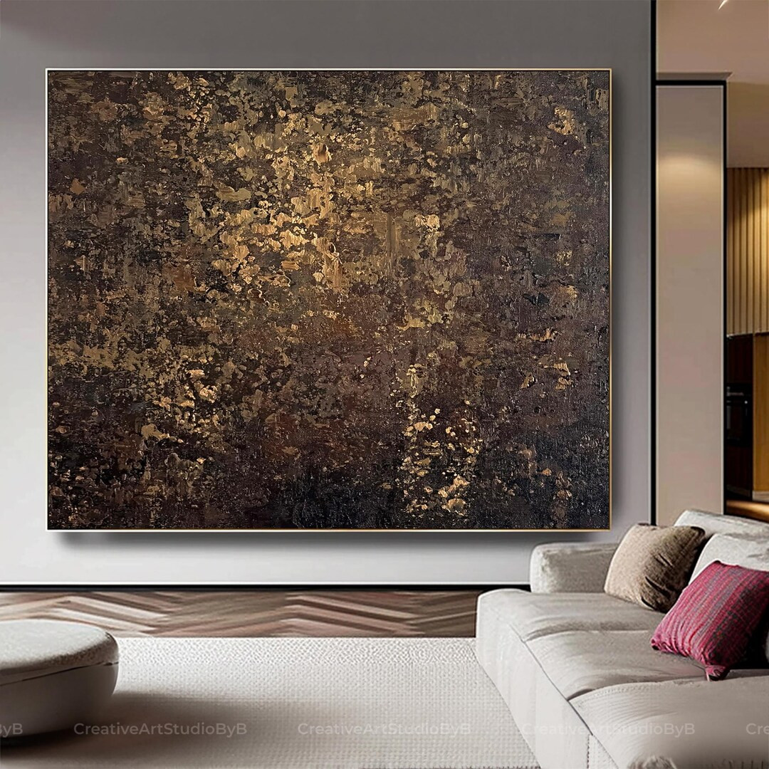 Dark Brown Textured Abstract Painting for Sale, Large Wall Art, Gold Leaf Contemporary Canvas, Mo... | Etsy (US)
