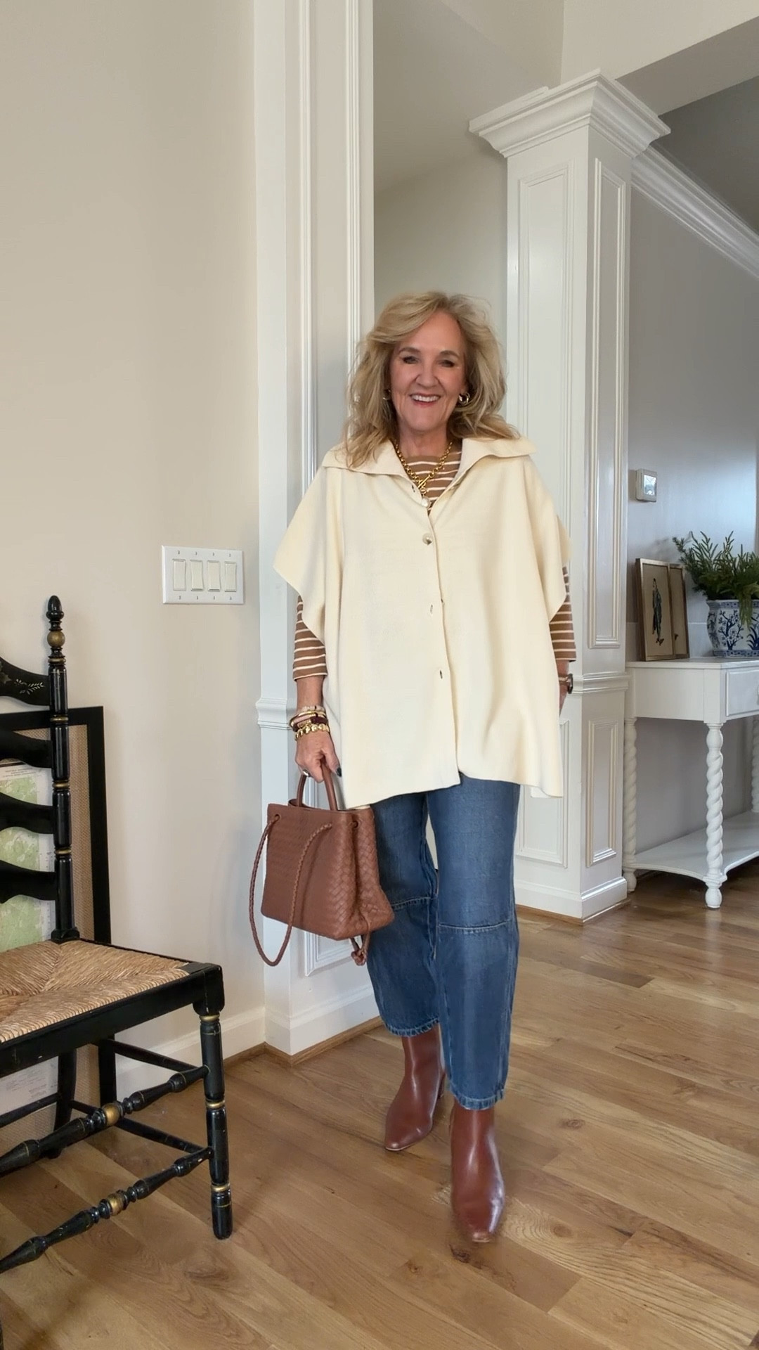Sweater/cape/poncho size extra small/small
Striped T-shirt, size medium
Jeans, size 29 petite
I did size up a half in the boots
Allie & Bess 20% off code NANETTE20