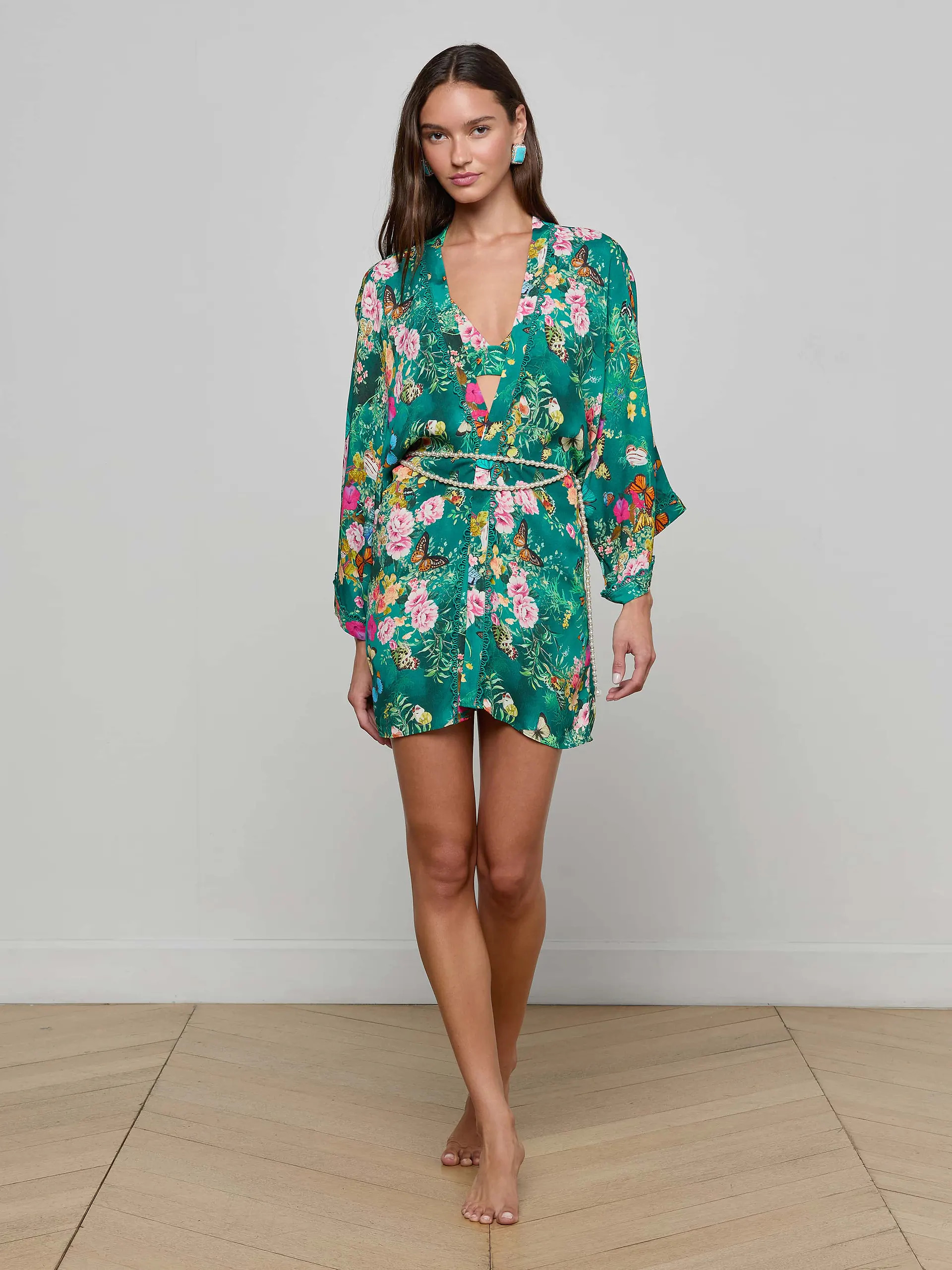 Caterina Cover-Up Kimono in Bottle Green Multi Charonda Butterfly | L'AGENCE | L'Agence