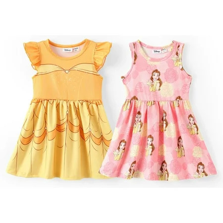 Disney Princess Girls Dresses 2 Pack Belle Graphic Ruffled Sleeveless Summer Costume Dress Toddler Kids 2T | Walmart (US)