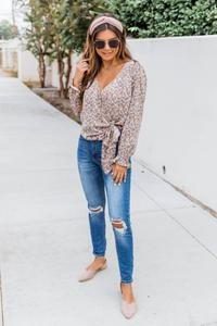 Falling In Love Floral Wrap Blouse Taupe | The Pink Lily Boutique
