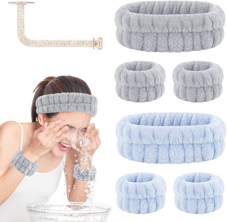 Face Wash Headband and Wristband Set of 2, Wrist Towels for Washing Face with Holder Microfiber W... | Amazon (US)