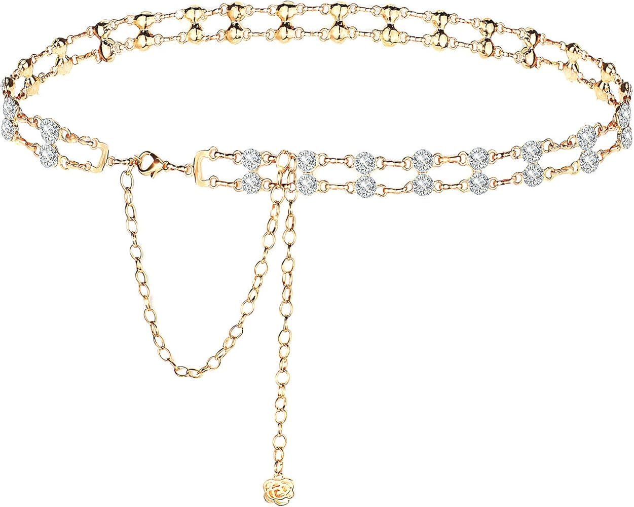 Wovanoo Chain Belt for Women Crystal Double Row Rhinestone Waist Chain Body Chain for Dress | Amazon (US)