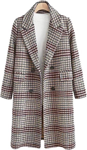Amazon.com: chouyatou Women's Classic Notched Collar Double Breasted Plaid Wool Blend Long Trench... | Amazon (US)