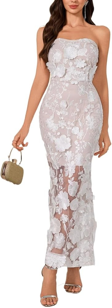 Women's 3D Floral Embroidery Dress Sheer Mesh Square Neck Lace Bodycon Party Cocktail Mini Dress | Amazon (US)