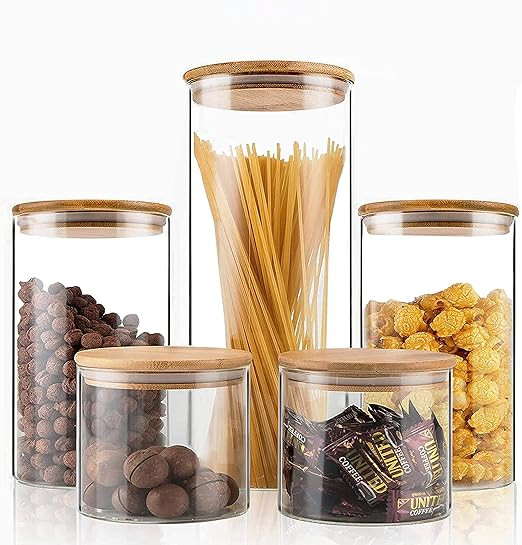 Glass Food Storage Jars Set of 5,Glass Storage Containers Clear Glass Food Canister with Bamboo L... | Amazon (US)
