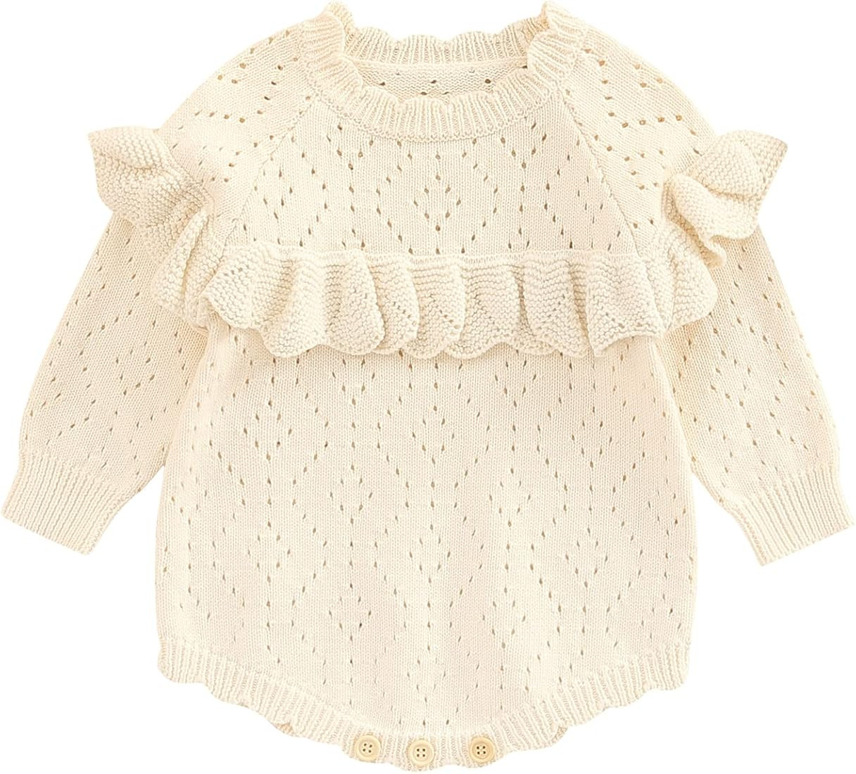 Fladdswed Newborn Infant Baby Girl Knit Sweater Jumpsuit Ribbed Romper Long Sleeve Bodysuit Ruffl... | Amazon (US)