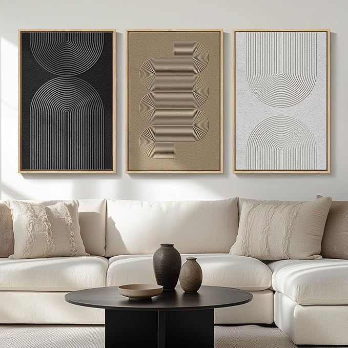 Large Framed Boho Modern Neutral Abstract Wall Art for Living Room, 3 Piece Black and White Canva... | Amazon (US)