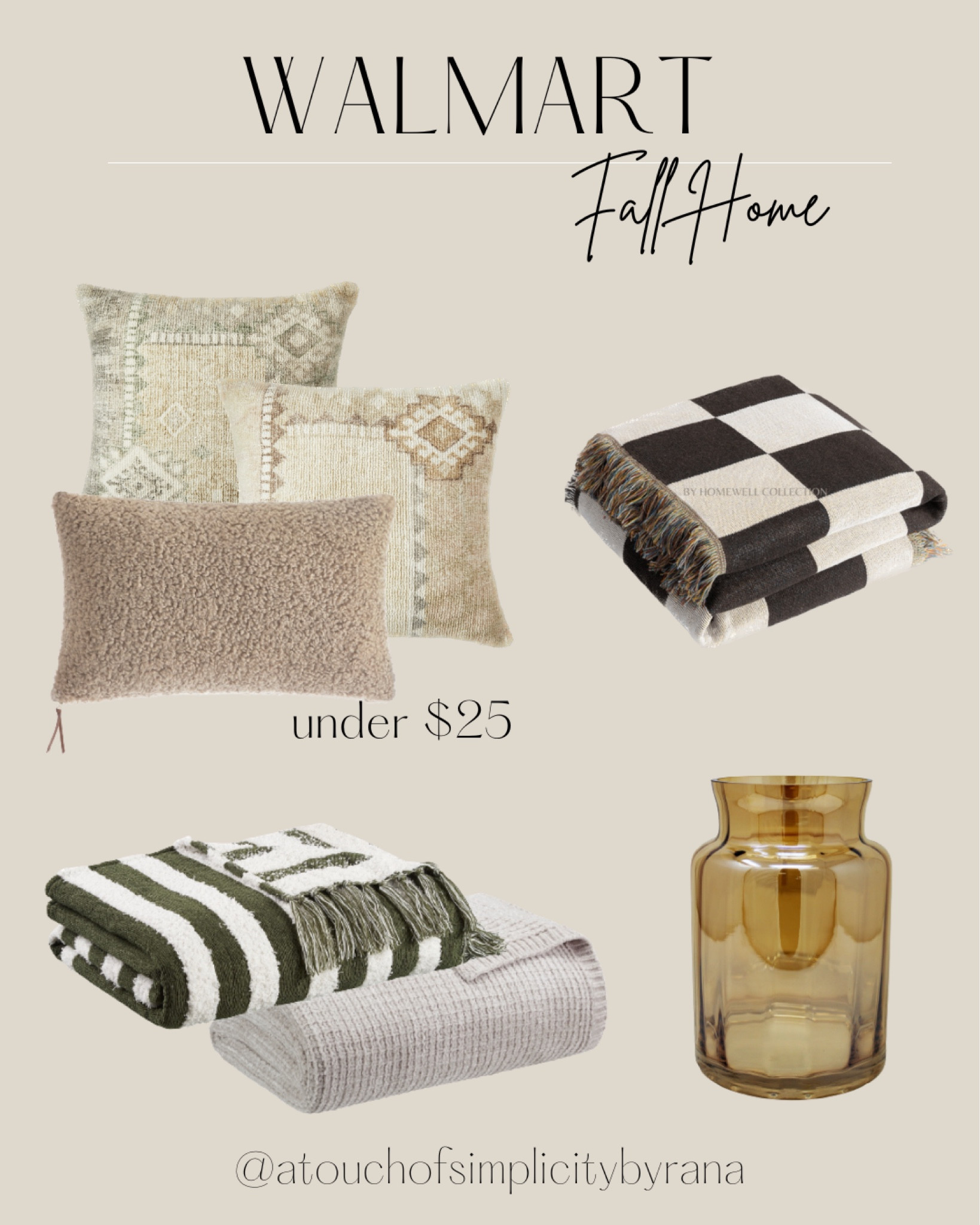 Amazing fall decor finds at Walmart this year! 

Checkered throw blanket, throw pillows, neutral throw pillows, glass vase, Sherpa throw blanket, textured throw blanket

#LTKstyletip #LTKSeasonal #LTKhome