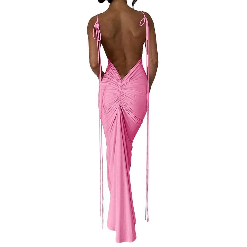 Women’s Backless Maxi Dress Sexy Halter Sgaghetti Strap Low Back Cutout Ruched Evening Club Par... | Amazon (US)