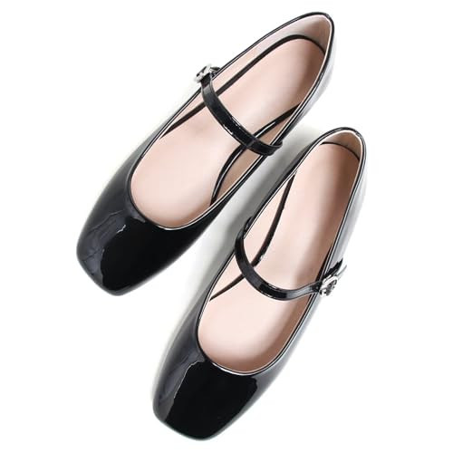 Stunner Womens Mary Jane Flats Comfortable Square Toe Ballet Flat Shoes Retro Slip On Flats with Buckle Strap Black 44(10.5) | Amazon (US)