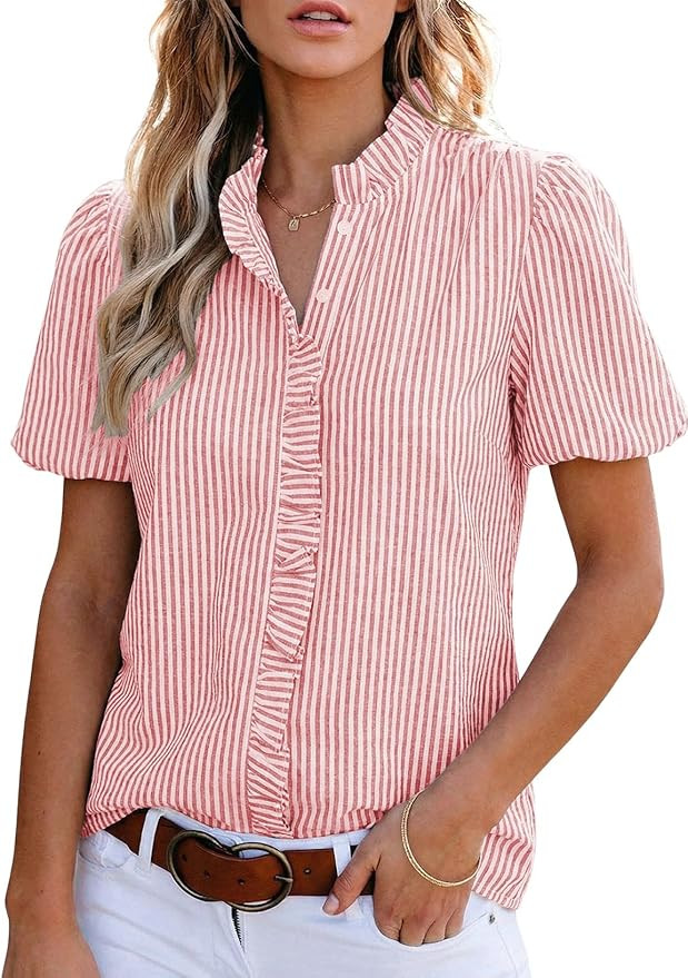 Astylish Women Striped Blouses Spring Summer Ruffle Collar Puff Sleeve Button Down Shirts Busines... | Amazon (US)