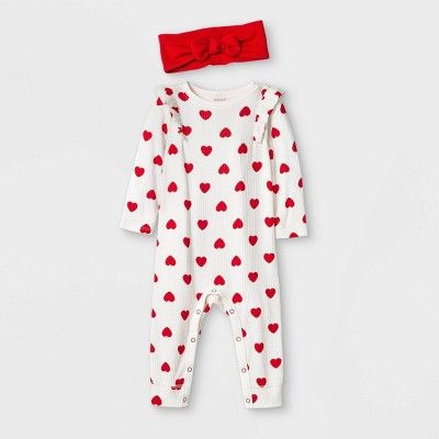 Baby Girls' Heart Print Ribbed Romper Top & Bottom Set - Cat & Jack™ Cream | Target