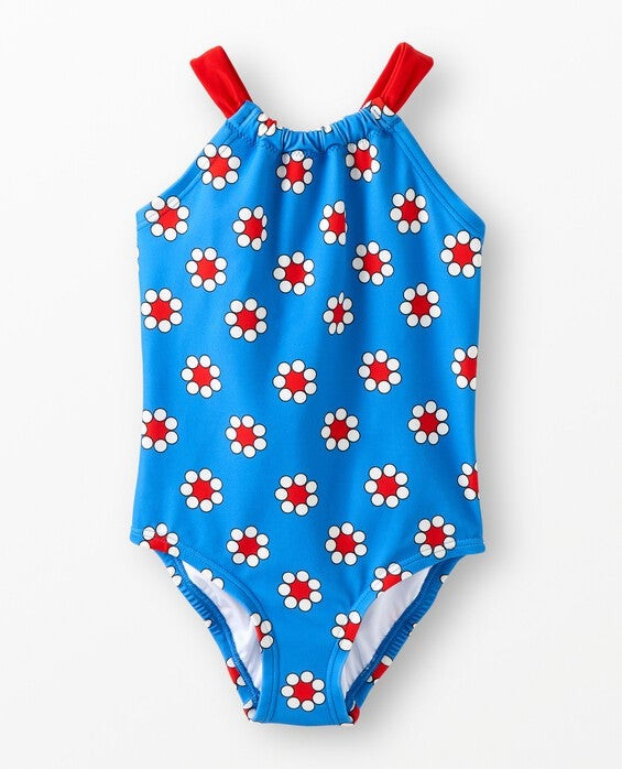 Girls' Red Flowers On Swedish Sky One-Piece High Neck Swimsuit - Size Big Kids 10 by Hanna Andersson | Hanna Andersson