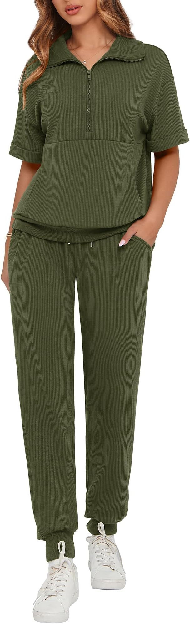 BTFBM Women's Summer 2 Piece Outfits Short Sleeve Half Zip Sweatshirt Jogger Sweatpants Sets Loun... | Amazon (US)