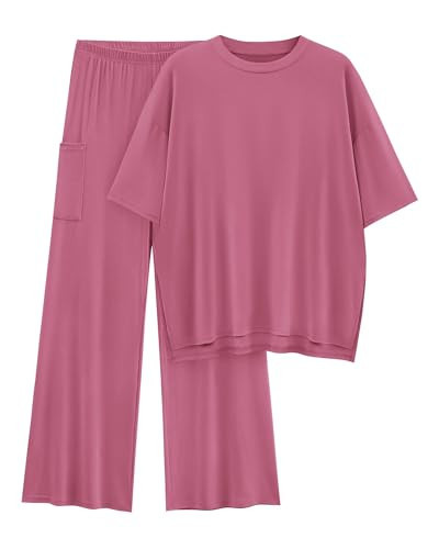 KIRUNDO Pink Lounge Set for Women 2025 Spring Summer Casual Side Slit Short Sleeve Shirt and Wide Leg Lounge Pants Sets with Pockets(Pink, Large) | Amazon (US)