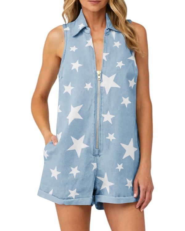 PLNOTME Womens Summer Denim Rompers Cute Sleeveless Zip Up Star Print Short Jumpsuits | Amazon (US)