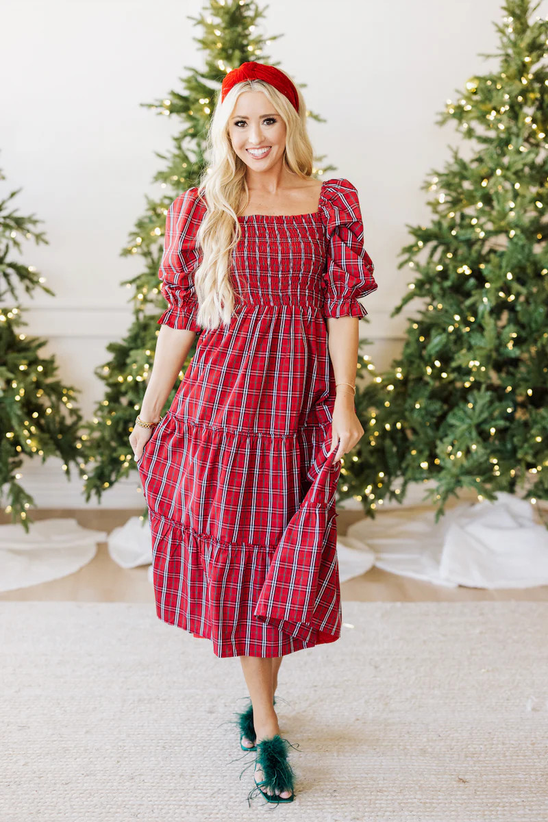 The Rayna Square Ruched Midi Dress - Red Plaid | The Impeccable Pig