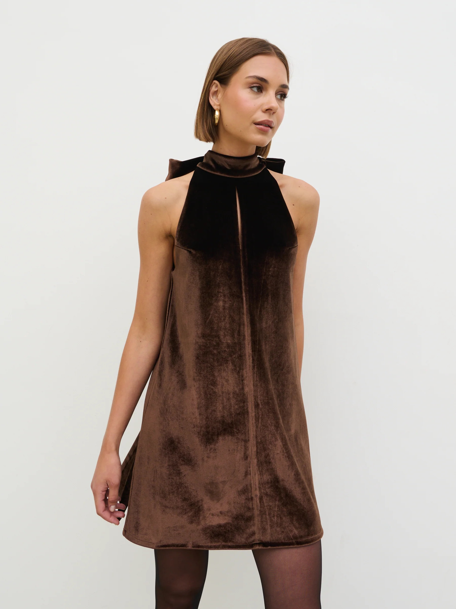 Bella Bow Velvet Mini Dress - Brown | Pretty Lavish (UK)