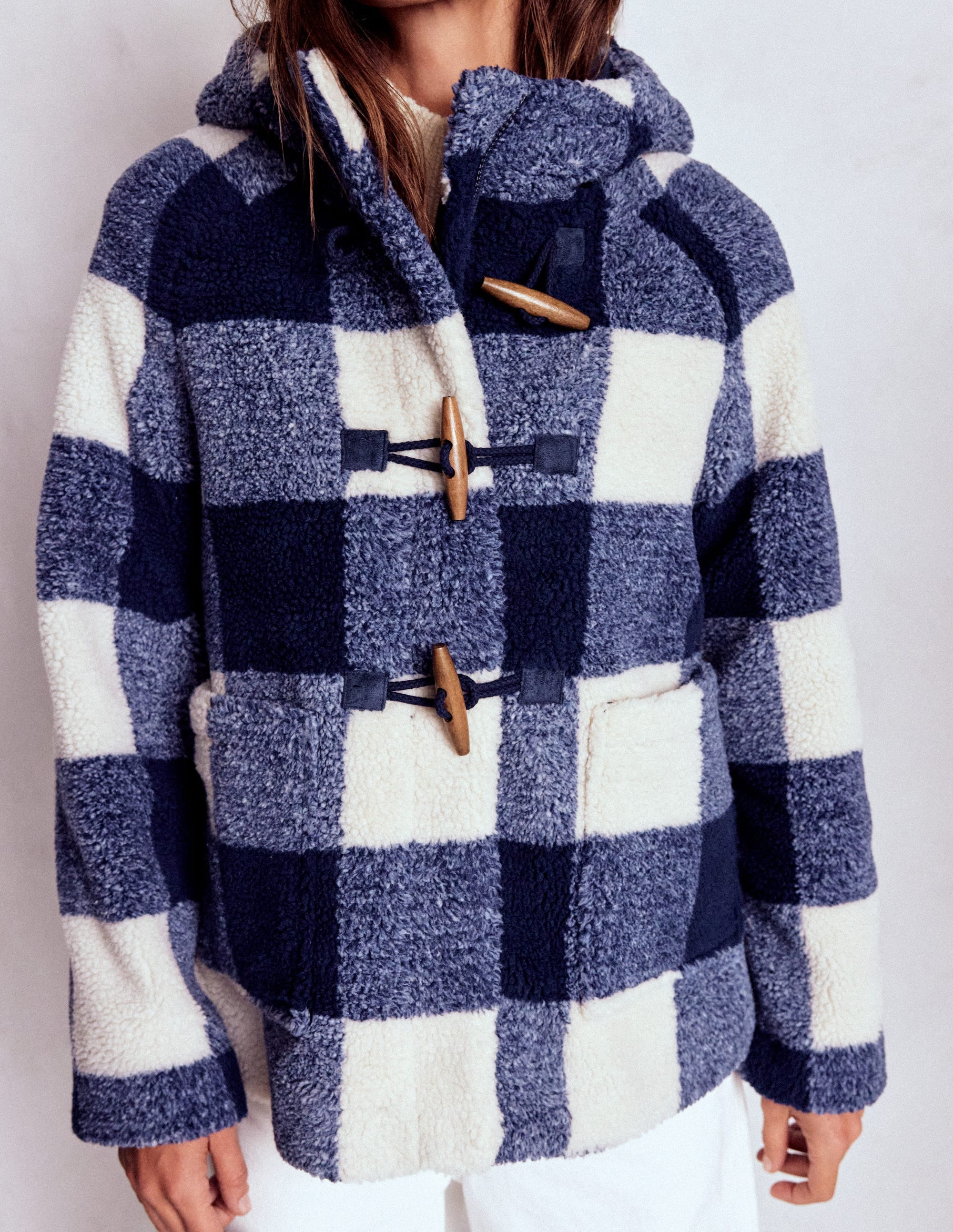 Borg Duffle Coat-College Navy Gingham | Boden (US)