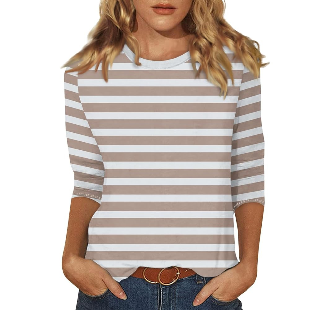3/4 Length Sleeve Womens Tops Plus Size,Basic Elbow Sleeve Workout Top Striped Shirt Crew Neck 3 ... | Amazon (US)