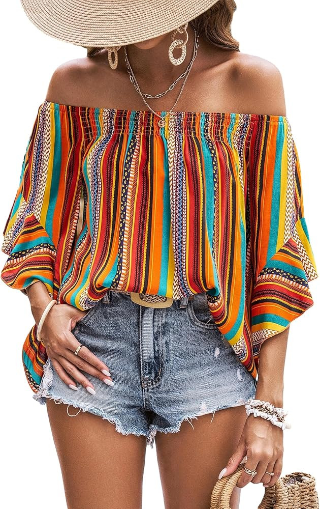 Verdusa Women's Off Shoulder Shirred Half Sleeve Loose Striped Blouse Shirt Top | Amazon (US)
