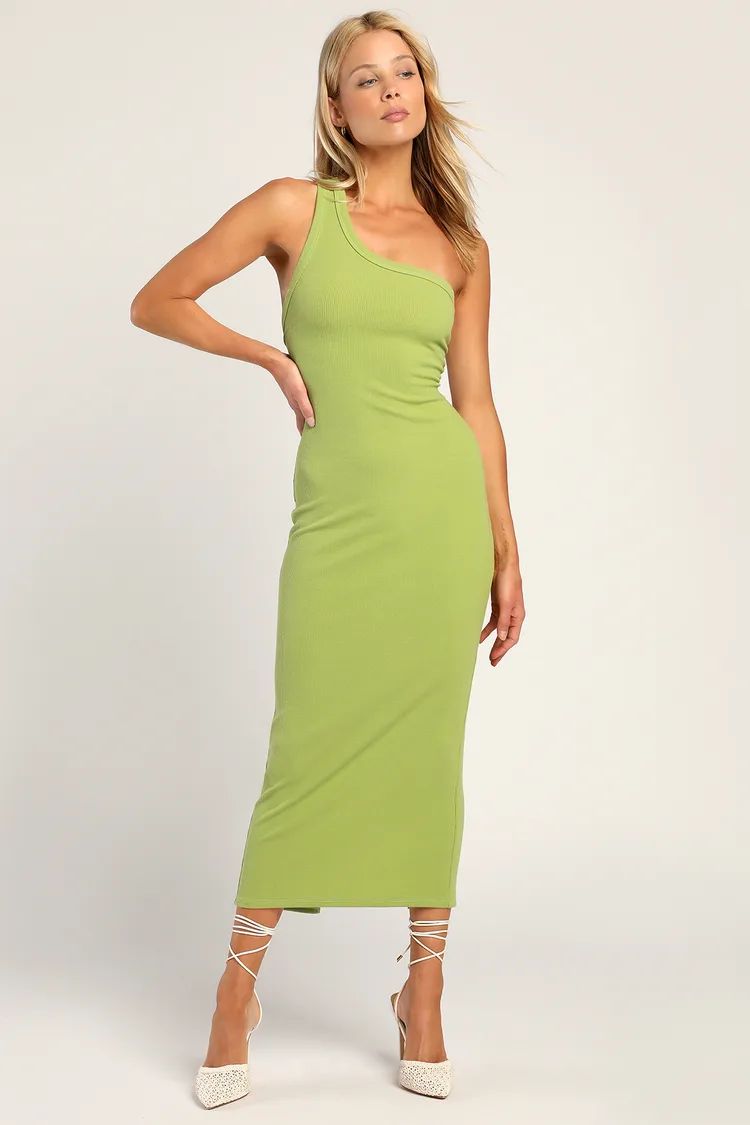 Show Stealer Lime Green One-Shoulder Asymmetrical Maxi Dress | Lulus (US)