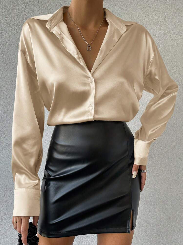 SHEIN Elegant Solid Color Button-Down Shirt For Office Lady | SHEIN