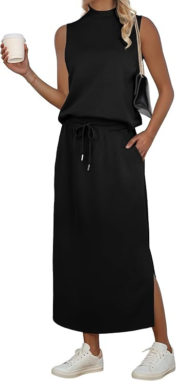 GRECERELLE Two Piece Skirt Sets for Women Sleeveless Mock Neck Top Split Maxi Skirt Vacation Trav... | Amazon (US)