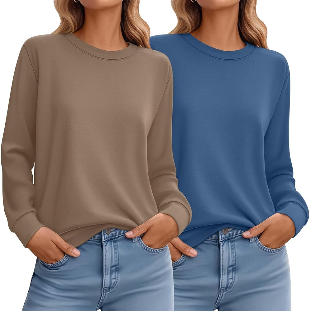 Ficerd 2 Pack Women's Casual Sweatshirts, Crew Neck Loose Fit Basic Tops Lightweight Cute Pullove... | Amazon (US)