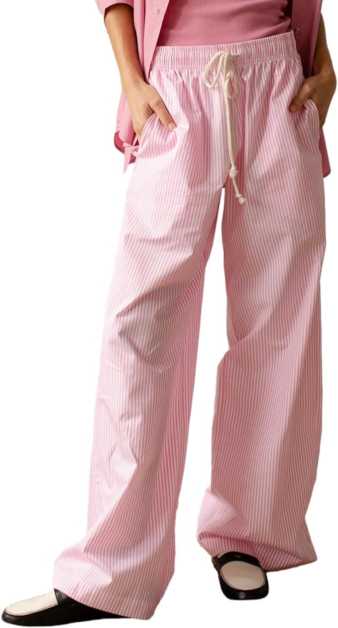 Y2k Striped Pants for Women Elastic Drawstring High Waist Wide Leg Pants Vintage Streetwear Loung... | Amazon (US)