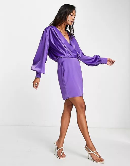 ASOS DESIGN satin wrap mini dress with tie detail in purple | ASOS (Global)